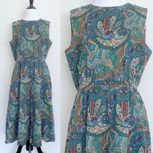 Vintage 70s Sleeveless A-Line Midi Dress Handmade Green Paisley Tapestry  M/L